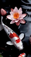 Pink water lily with golden center floating above red and white koi fish in dark pond water with ripples. Serene aquatic scene for wellness, spa, and nature design projects.