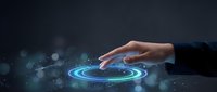 Business hand touching glowing blue digital hologram interface with futuristic technology elements and light effects for innovation concepts.