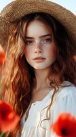 Young Caucasian woman with freckles wearing straw hat in poppy field during golden hour sunset light for summer fashion and natural beauty concepts.
