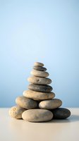 Balanced stack of smooth river stones arranged in pyramid formation on wooden surface against soft blue background for meditation and wellness concepts.