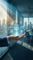 Businessman in formal suit holding glowing digital icons including books, gears, charts and graphs above palm, representing knowledge, innovation and business growth in modern office environment.