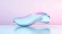 Futuristic curved glass or metallic shape floating on reflective surface against pink and purple gradient background with soft lighting effects.