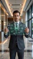 Professional businessman holding transparent digital SEO strategy interface with connected marketing icons in modern office corridor for business presentations.