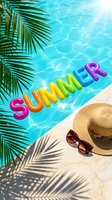 Colorful inflatable summer letters floating in a bright blue pool beside a straw hat and sunglasses on a sunny poolside with palm leaves.