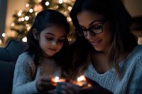 Mother and daughter in cozy knit sweaters share intimate moment looking at glowing device screen, warm bokeh lights create magical holiday atmosphere.