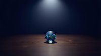 Glowing crystal sphere on wooden floor under spotlight in dark room, suitable for mystical, fantasy, and sci-fi design projects.