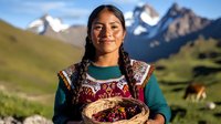 Young indigenous woman in traditional colorful embroidered clothing smiling in mountain landscape with snow-capped peaks and green valleys in background.