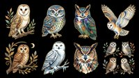Owl species collection with decorative botanical elements, isolated on transparent background. Ready for t-shirt design, clipart, stickers, sublimation, print-on-demand products and digital crafts.