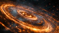 Spiral galaxy in deep space with glowing orange and blue cosmic dust clouds swirling around bright galactic core against dark starry background.