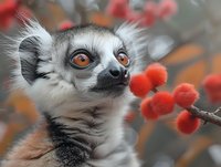 Ring-tailed lemur with bright orange eyes looking at red berries against blurred autumn background, wildlife portrait showing curious expression.