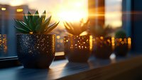 Succulent plants in black pots on window sill at sunset with golden bokeh lights creating cozy atmospheric mood. Interior design elements glowing in evening light.