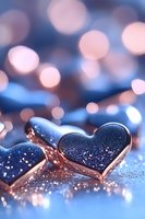 Rose gold heart pendants with navy blue glitter against blurred bokeh background, romantic sparkle effect creates dreamy atmosphere for Valentine's Day designs.