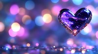 Glowing heart shape with magical purple and blue bokeh lights background creates romantic dreamy atmosphere. For Valentine's day cards and love themes.
