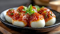 Steamed rice cakes topped with spicy chili sauce, sesame seeds, and fresh basil garnish served on a black ceramic plate for Asian cuisine dining.