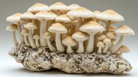 White mushrooms growing in cluster formation on natural stone substrate, detailed macro photography showing delicate gills and textured caps in cream tones.