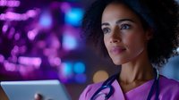 Young African American female medical professional in purple scrubs looking thoughtful while working with digital tablet, purple and blue bokeh lights background.