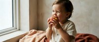 Young child, approximately 2-3 years old, Caucasian, sitting by window eating apple, wearing light colored shirt, natural daylight, indoor domestic setting.