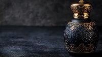 Luxurious ornate black and gold decorative jar with intricate floral patterns against dark textured background, perfect for luxury product styling.