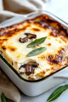 Creamy mushroom lasagna with melted cheese and fresh sage leaves in white ceramic baking dish, close-up view showing layers of pasta and golden brown crust.