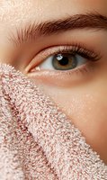 Close-up of green eye with long eyelashes and defined eyebrow, face partially covered with soft pink towel texture, highlighting natural beauty and skincare.