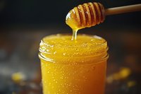 Golden honey dripping from wooden dipper into glass jar with warm lighting. Natural sweetener for cooking, baking and healthy lifestyle concepts.