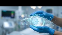 Healthcare cybersecurity concept with medical professional hands in blue gloves protecting digital shield icon in modern hospital environment.