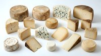 Assorted artisanal cheese varieties including aged cheddar, blue cheese, and soft cheeses arranged on white background for culinary and food styling projects.