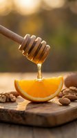 Honey dripping from wooden dipper onto fresh orange slice with nuts on rustic surface, wellness and natural food styling.