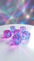 Six translucent holographic dice in pink and blue tones glow on a white surface with colorful light reflections in the background.