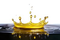 Golden liquid crown splash with droplets frozen in time against dark background, creating symmetrical ripples on water surface. Macro photography captures fluid dynamics.