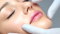 Young Caucasian woman receiving facial cosmetic treatment, close-up view of pink glossy lips and smooth skin while hands in white medical gloves perform procedure.