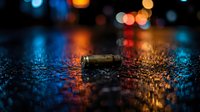 Spent bullet casing lies on wet asphalt with bokeh city lights reflecting in blue and orange tones, suitable for crime scene, forensic, or noir-themed designs.
