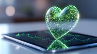Glowing green heart hologram floating above smartphone screen with medical heartbeat graph line, modern health technology concept on dark background.