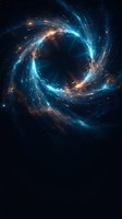 Cosmic spiral galaxy with swirling blue and orange energy streams creating luminous vortex in deep space with glowing stars and nebula dust particles.