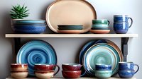 Handcrafted ceramic dinnerware collection displayed on wooden shelves featuring plates, bowls and mugs in harmonious blue, turquoise and burgundy glazes with speckled patterns.
