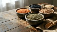Assorted legumes and grains in bowls on wooden table for cooking, nutrition, and healthy eating preparation.