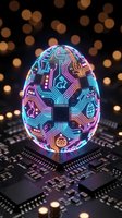 Neon glowing egg with circuit board patterns in cyan, magenta, and orange sits on computer microchip with bokeh lights. Technology concept.