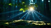 Magical sunbeams pierce through green leaves in misty forest, creating ethereal rays of light across moss-covered ground while morning dew sparkles in golden sunshine.