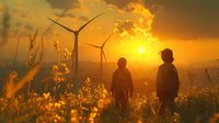 Silhouettes of two people standing in wildflower meadow at golden sunset with wind turbines, symbolizing renewable energy and sustainable future. Clean energy concept.
