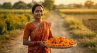Woman farmer in traditional orange sari holding basket of fresh produce in agricultural field at harvest time for farming and agriculture concepts.