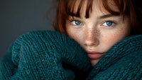 Young woman with bright blue eyes and freckles wrapped in cozy emerald green knitted sweater, looking directly at camera with intense gaze against dark background.