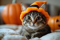 Tabby cat wearing orange pumpkin hat surrounded by autumn gourds on soft fabric. Seasonal holiday pet costume for fall celebrations and festive decorations.