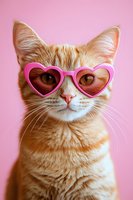 Adorable orange tabby cat wearing pink heart-shaped sunglasses on pastel pink background for Valentine's Day, love themes, and cute pet concepts.