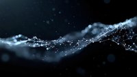 Glowing network connections forming abstract wave pattern against dark background with bokeh light effects and particle elements in blue tones.