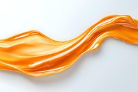Flowing orange liquid wave with glossy surface creates dynamic abstract shape against white background, suitable for cosmetic and technology designs.