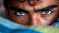 Intense blue eyes with dark eyebrows in extreme close-up macro photography, lower part of face covered with colorful fabric, mysterious gaze looking directly at camera.