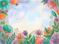 Colorful watercolor floral frame with vibrant blooms and leaves on a soft pastel background, perfect for greeting cards and invitations.