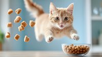 Playful cream-colored cat jumping for dry food pieces floating in air above glass bowl, capturing dynamic movement and expression on blue background.
