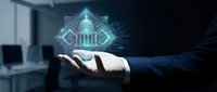 Businessman in suit holding glowing holographic capitol building with digital circuit elements, symbolizing smart government and technology innovation.