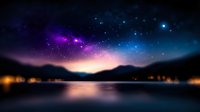 Mystical night landscape with starry sky, aurora borealis in purple and blue colors reflecting in calm lake water, silhouettes of mountains and distant lights.